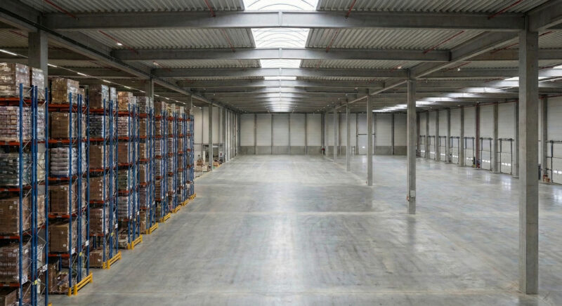 Nave industrial amplia con áreas parcialmente ocupadas, estanterías y espacios vacíos que reflejan activos inmobiliarios industriales subutilizados.